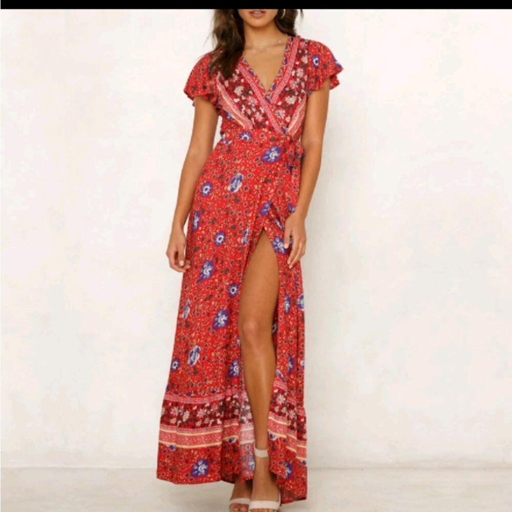 Lot Of 2 Wrap Dresses Maxi Dress Boho Leg Slit Belted Red And Blue XL - Picture 9 of 10